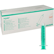 A box labeled "B. Braun Injekt Solo Syringe, 10ml Luer fitting, eccentric | Package (100 pieces)" is shown, in front of which stands a single green syringe with measurement lines and a clear plunger.