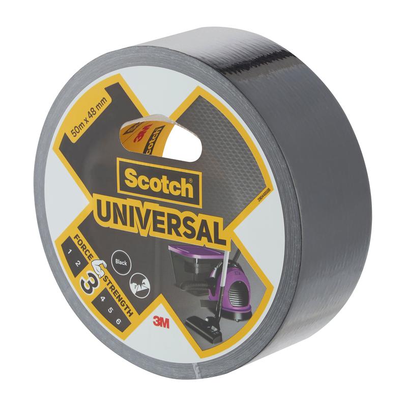 A roll of Scotch® Universal Tape 2904 (50 m x 48 mm) from 3M Deutschland GmbH, with black tape on the roll and a yellow-black packaging with a cutout showing the texture of the tape.