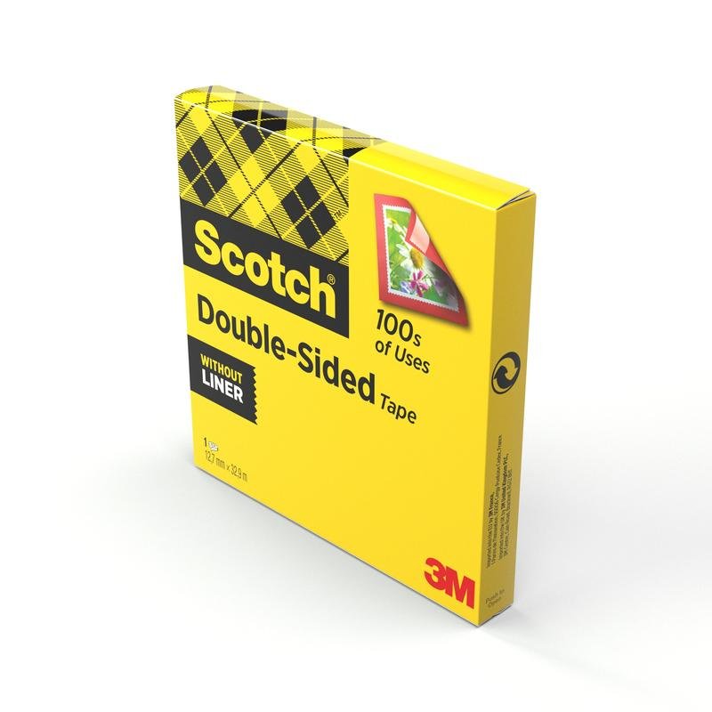 A yellow box of Scotch® double-sided tape (1 roll, 12 mm x 33 m) from 3M Deutschland GmbH is marked with black lettering, a checkered design, a mounting illustration, and the notes "100s of Uses" and "Without Liner".