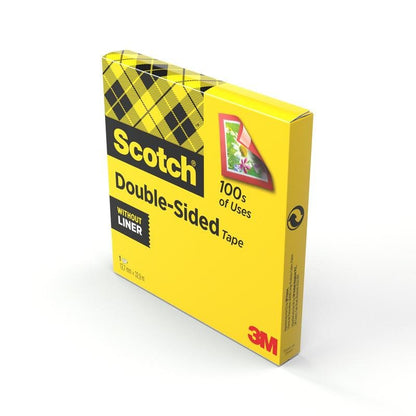 A yellow box of Scotch® double-sided tape (1 roll, 12 mm x 33 m) from 3M Deutschland GmbH is marked with black lettering, a checkered design, a mounting illustration, and the notes "100s of Uses" and "Without Liner".