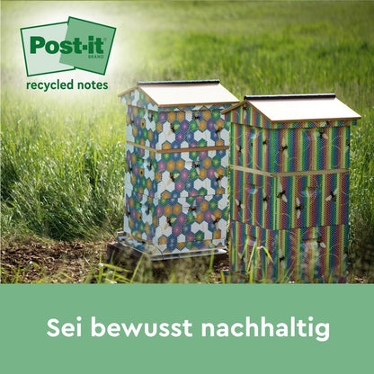 Two colorful beehives stand in the grass in the sun. At the top left appears a green Post-it® Recycling Notes logo (38 mm x 51 mm, 100 sheets/block, 100% PEFC) from 3M Deutschland GmbH. Below the text: "Be consciously sustainable."