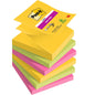 A stack of Post-it® Super Sticky Z-Notes Boost Collection (76x76 mm, 90 sheets/block, 100% PEFC) from 3M Deutschland GmbH shows brightly colored yellow, green, and pink notes, with the top note slightly lifted showing the product label.