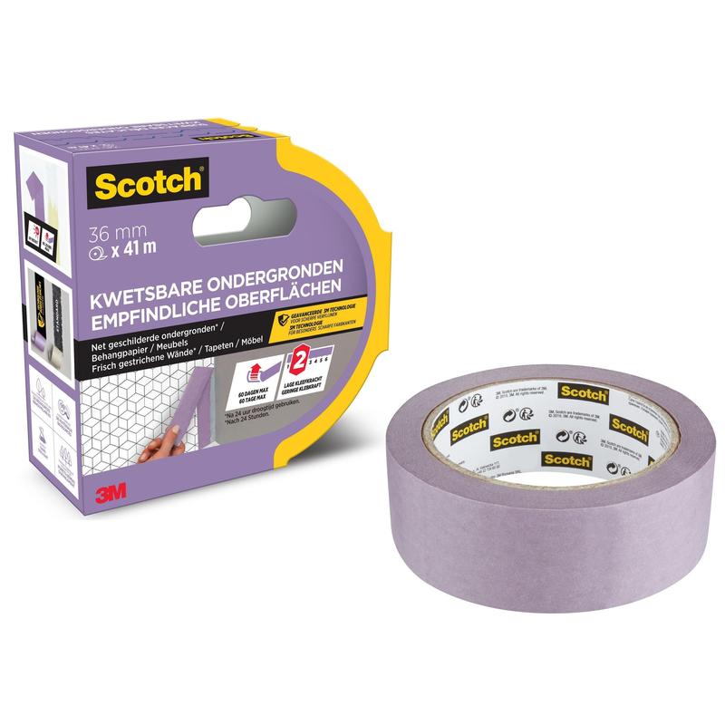 A roll of 3M Scotch® Painter's Tape for delicate surfaces (36 mm x 41 m) from 3M Deutschland GmbH comes in a purple-yellow box, labeled in Dutch and German. It is PEFC certified and can be removed without leaving residue.