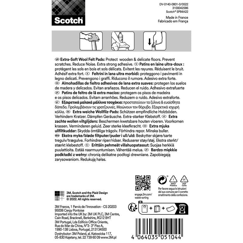 Backside of a Scotch® Extra Soft Felt Pads, self-adhesive, beige packaging from 3M Deutschland GmbH with black text on a white background with multilingual instructions, benefits, application notes, and barcode.