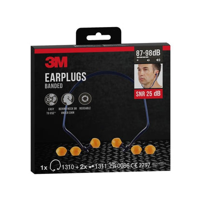 Pictured is a box of 3M™ Banded Earplugs 1310 + 2 pairs of replacement earplugs (SNR 24-25 dB, orange) from 3M Deutschland GmbH with a photo of a wearer and information on noise reduction (87-98 dB) on the packaging.