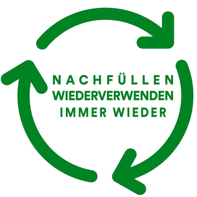 Three green arrows form a circular recycling symbol around the German text: "REFILL REUSE AGAIN AND AGAIN" - ideal for your Scotch™ C38 desktop dispenser black + Scotch® Crystal Tape (19mm x 10m), from 3M Deutschland GmbH. White background.