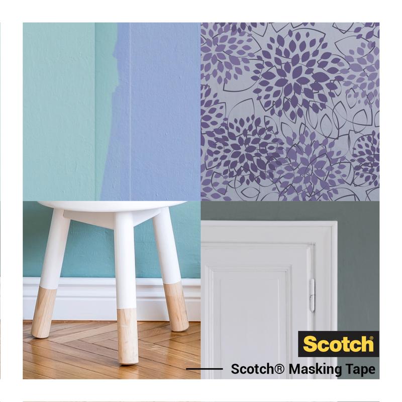 A collage shows cleanly painted wall edges, a chair with painted legs, patterned wallpaper, and a white door - all achieved with Scotch® Painter's Tape for delicate surfaces (36 mm x 41 m) from 3M Deutschland GmbH. Logo at the bottom right.