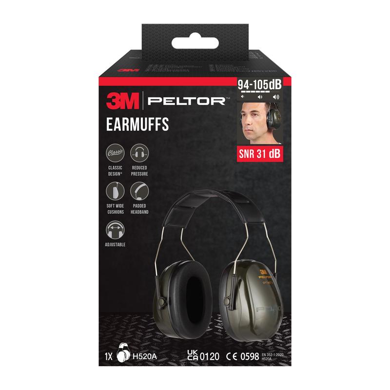Pictured is a package of 3M™ PELTOR™ Optime™ II Ear Muffs H520A from 3M Deutschland GmbH with product image, model information, and SNR value of 31 dB in green. An attached photo shows a person wearing the ear muffs.