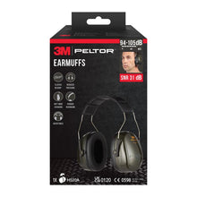 Pictured is a package of 3M™ PELTOR™ Optime™ II Ear Muffs H520A from 3M Deutschland GmbH with product image, model information, and SNR value of 31 dB in green. An attached photo shows a person wearing the ear muffs.