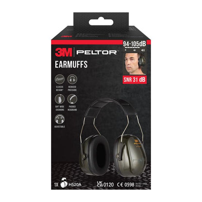 Pictured is a package of 3M™ PELTOR™ Optime™ II Ear Muffs H520A from 3M Deutschland GmbH with product image, model information, and SNR value of 31 dB in green. An attached photo shows a person wearing the ear muffs.