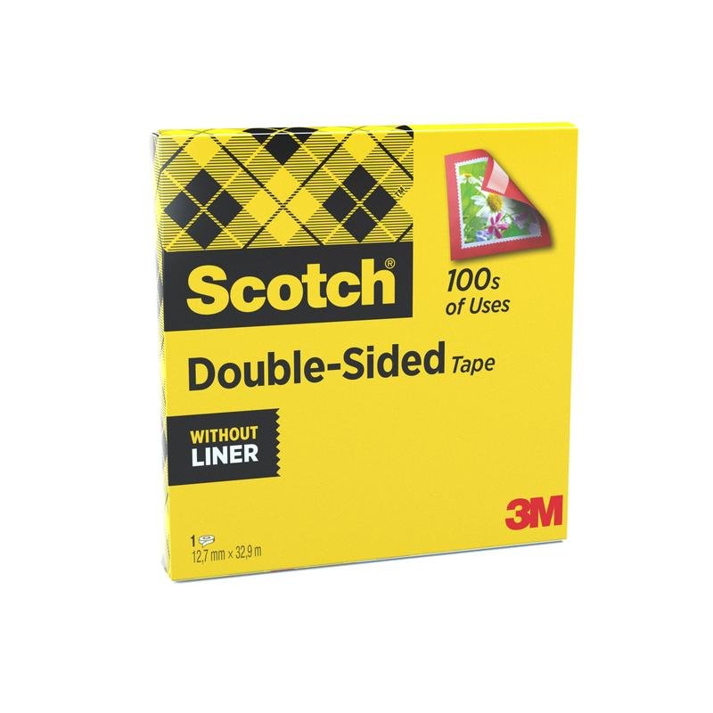 A yellow box of Scotch® double-sided tape from 3M Deutschland GmbH, 1 roll (12 mm x 33 m), with a checkered pattern, "100s of Uses", "Without Liner" labels, and an image of a flower picture being taped.