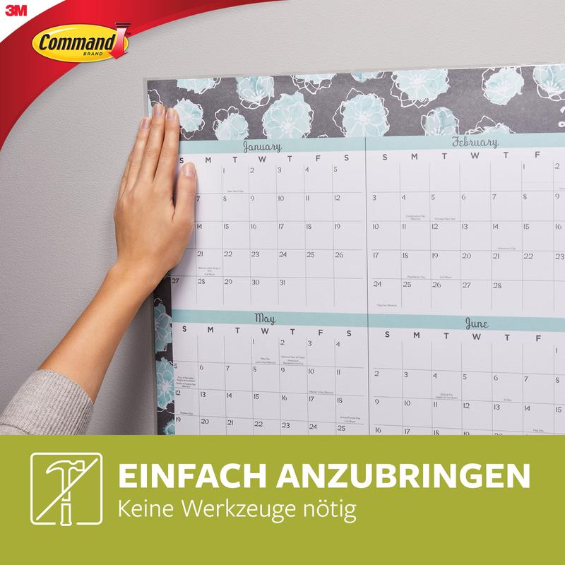 A person hangs a large floral wall calendar with Command™ Poster Strips in the advantage pack, 17024-VP from 3M Deutschland GmbH. The German text reads: "Easy to apply. No tools needed." The 3M Command logo appears.