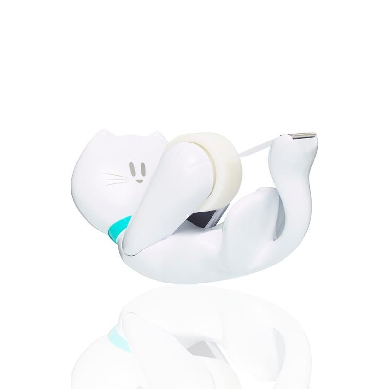 The Scotch™ desktop dispenser in cat design C39 from 3M Deutschland GmbH features a white, reclining cat with black details and a blue collar, including one roll of Scotch® Magic™ Tape (19 mm x 8.89 m).