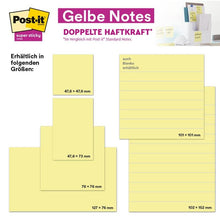 An advertisement for Post-it® Super Sticky Notes by 3M Deutschland GmbH presents yellow sticky notes in the size 76 x 127 mm with 90 sheets per block and 24 blocks per carton, PEFC-certified and sustainably packaged.
