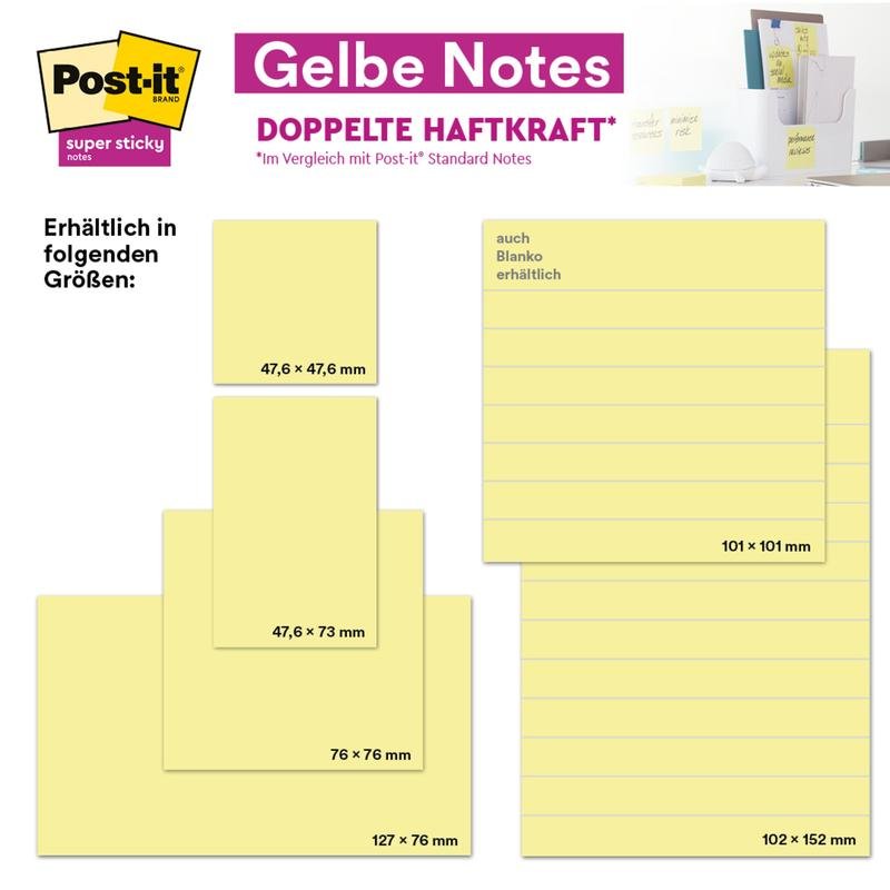 Advertising image for 3M Deutschland GmbH Post-it® Notes in yellow (76 mm x 127 mm, 100 sheets/block, 12 blocks/carton, PEFC certified), with product and packaging photos.