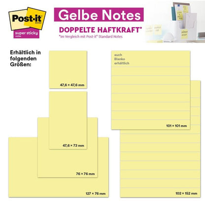 An infographic shows the Post-it® Notes in large format, yellow, lined, 101 x 101 mm, 300 sheets/block - eco-friendly and 100% PEFC certified (SGSCH-PEFC-COC-110078) - with extra strong adhesion from 3M Deutschland GmbH.