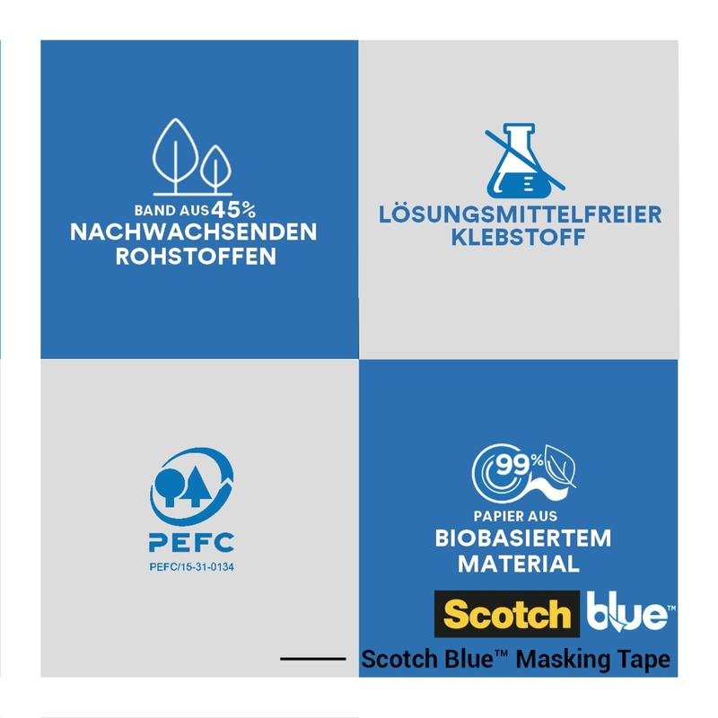 A graphic with four sections highlights the sustainability features of ScotchBlue™ Painter's Tape "Multi-Surface" by 3M Deutschland GmbH: 45% renewable materials, solvent-free adhesive, PEFC certification, and 99% bio-based paper.