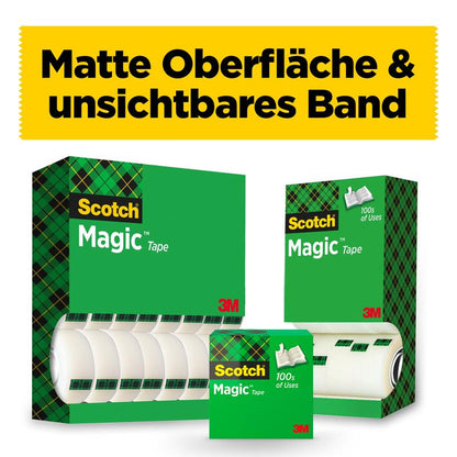 Pictured are three Scotch® Magic™ Invisible Tape Value Pack boxes from 3M Deutschland GmbH, with "Matte Surface & Invisible Tape" written above. The green plaid packages each contain 24 rolls (19 mm x 33 m).