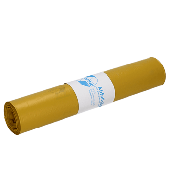 A yellow roll of DEISS ECOFINE® waste bags 13900 (120L) from EMIL DEISS KG (GmbH + Co.) made of recycled LDPE/LLDPE with a white-blue label - ideal for environmentally responsible disposal - on a white background.
