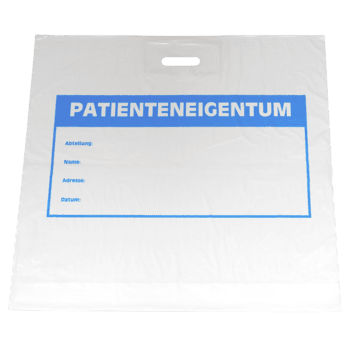 The white plastic bag DEISS 36520 (600x600+50 mm) from EMIL DEISS KG is equipped with a blue "PATIENT PROPERTY" label, fillable sections, and a cut-out handle - ideal as an alternative to cardboard bags; delivery in cartons of 250 pieces.