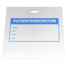 The white plastic bag DEISS 36520 (600x600+50 mm) from EMIL DEISS KG features a blue "PATIENT PROPERTY" label, fillable compartments, and a cut-out handle—ideal as an alternative to cardboard bags; shipped in boxes of 250.