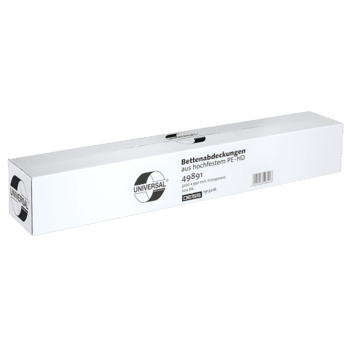 A transparent rectangular box labeled "DEISS UNIVERSAL Bed Covers, antistatic, 3200 x 950 mm" from EMIL DEISS KG with product number 49891 and barcode on the side; contains 200 pieces on a roll, suitable for hospitals.