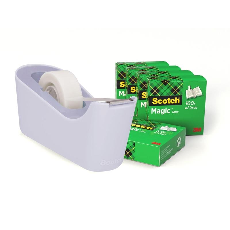 A purple Scotch™ tape dispenser C18 with a roll of tape 19 mm x 33 m stands next to a 6-pack of Scotch® Magic™ Invisible Tape from 3M Deutschland GmbH, all arranged in a staggered row.