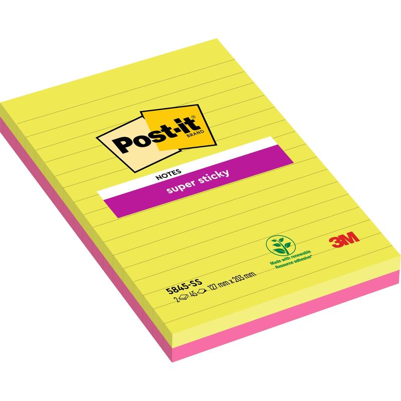 A pack of two large Post-it® Super Sticky Notes pads from 3M Deutschland GmbH, lined in pink and green (127 mm x 203 mm, 45 sheets each), made with plant-based adhesive and 100% PEFC certified (SGSCH-PEFC-COC-110078).