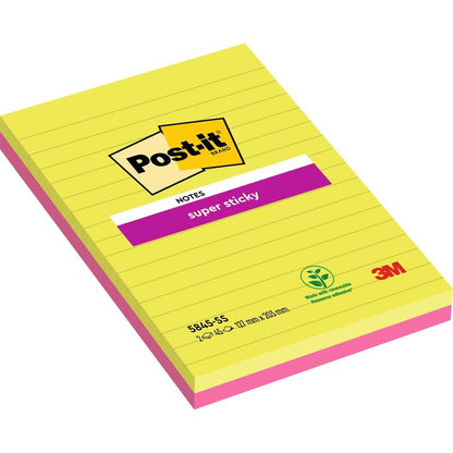 A pack of two large Post-it® Super Sticky Notes pads from 3M Deutschland GmbH, lined in pink and green (127 mm x 203 mm, 45 sheets each), made with plant-based adhesive and 100% PEFC certified (SGSCH-PEFC-COC-110078).