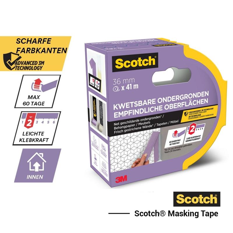Scotch® painter's masking tape for delicate surfaces, 24 mm x 41 m, 1 roll/package, PEFC-certified (SGSCH-PEFC-COC-110078), with details in German/Dutch; light adhesion, for indoor use, 3M branding.