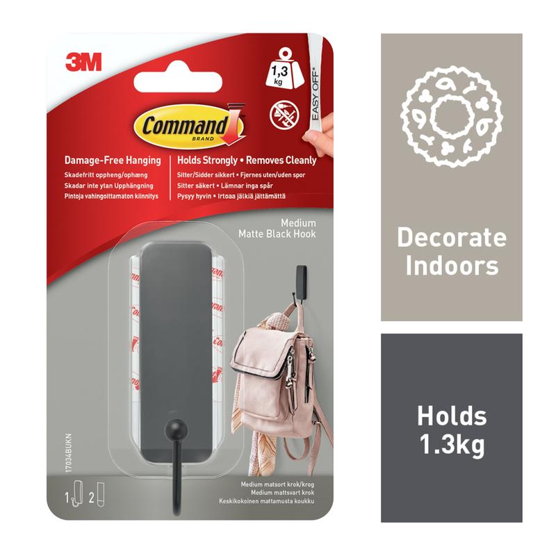The medium-sized Command™ matte black hook from 3M Deutschland GmbH (17034B) holds up to 1.3 kg, is suitable for indoor use, and can be removed without residue thanks to the included 2 strips - ideal for drilling without damage.