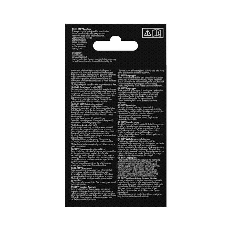 The image shows the back of a black 3M™ Earplug 1100 packaging card with small white, multilingual text, warning symbols, a hanging tab at the top, and information on the orange foam plugs from 3M Deutschland GmbH (SNR 35 dB).
