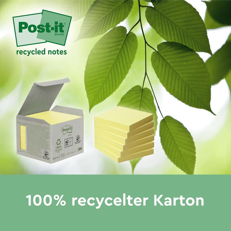 A box of Post-it® Recycling Notes (38 mm x 51 mm, 100 sheets/block, 100% PEFC) from 3M Deutschland GmbH lies open next to loose notes with green leaves in the background. Text below: "100% recycled cardboard."