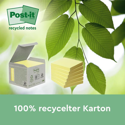 A box of Post-it® Recycling Notes (38 mm x 51 mm, 100 sheets/block, 100% PEFC) from 3M Deutschland GmbH lies open next to loose notes with green leaves in the background. Text below: "100% recycled cardboard."