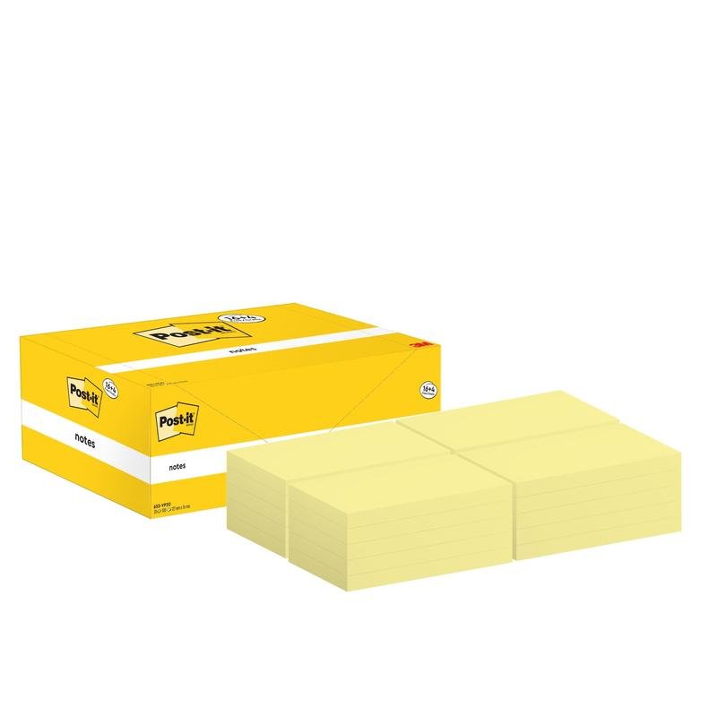 A yellow Post-it® Notes box from 3M Deutschland GmbH with the label "Post-it® Notes" shows six stacks of yellow notes (76 x 127 mm) arranged in two rows of three next to the office supply box when the lid is open.
