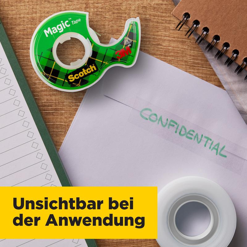 On the desk are a roll of Scotch® Magic™ Invisible Tape refill pack (19 mm x 25 m) from 3M, a notebook, and a "CONFIDENTIAL" envelope. Ideal for refilling, invisible when applied.