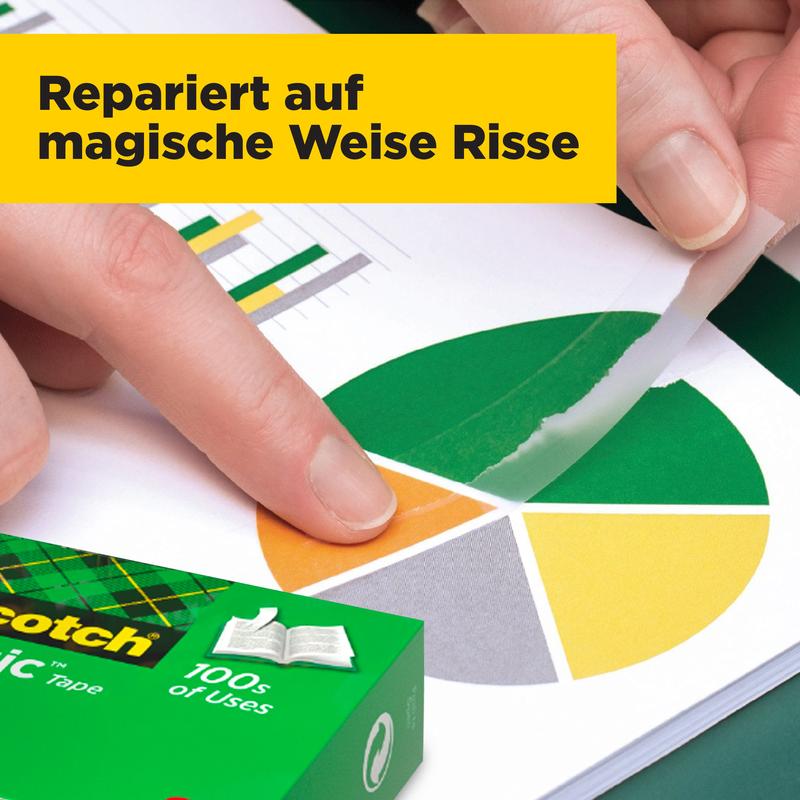 A hand uses the Scotch® Magic™ Invisible Tape from 3M Deutschland GmbH to fix a torn, colorful pie chart. On the yellow banner above it says "Magically Repairs Tears". In the foreground, the product box is visible.