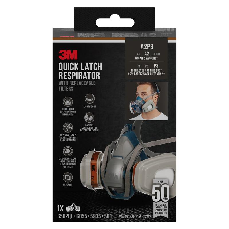 The illustration shows a box of the 3M™ Quick Latch Respirator 6502QLKIT-1 from 3M Deutschland GmbH with replaceable A2P3 filters for organic vapors; contains 1 mask, 2x6055, 2x5935, 2x501. The package shows product images and details.