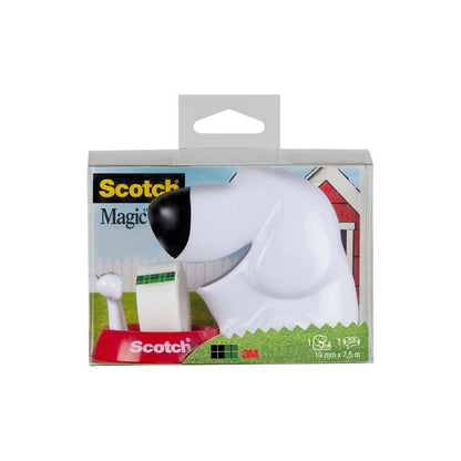 The Scotch™ desktop dispenser in dog design C31 with Scotch® Magic™ tape (19 mm x 8.89 m, 1 roll) by 3M Deutschland GmbH comes in a dog dispenser with clear packaging and a comic doghouse. Perfect for office supplies.