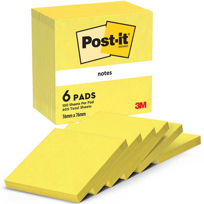 A pack of Post-it® Notes from 3M Deutschland GmbH contains six yellow blocks in the size 76 mm x 76 mm with 100 sheets each, made from 100% PEFC-certified paper. The packaging shows the 3M logo and the fan-shaped arrangement of the blocks.
