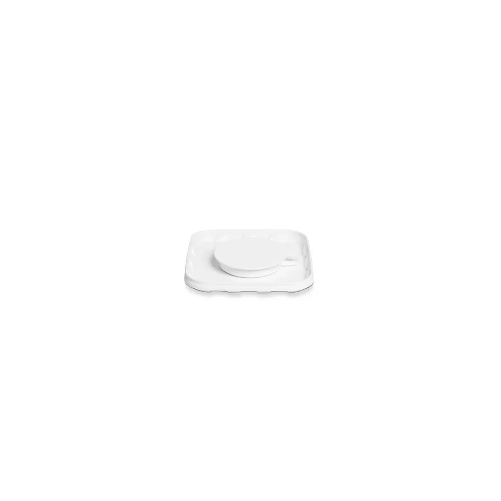 A small, white, round plate on a larger, square one - immaculate and orderly, like the hygienic removal of a Dr. Schumacher GmbH lid white removal square 5L 1 piece.