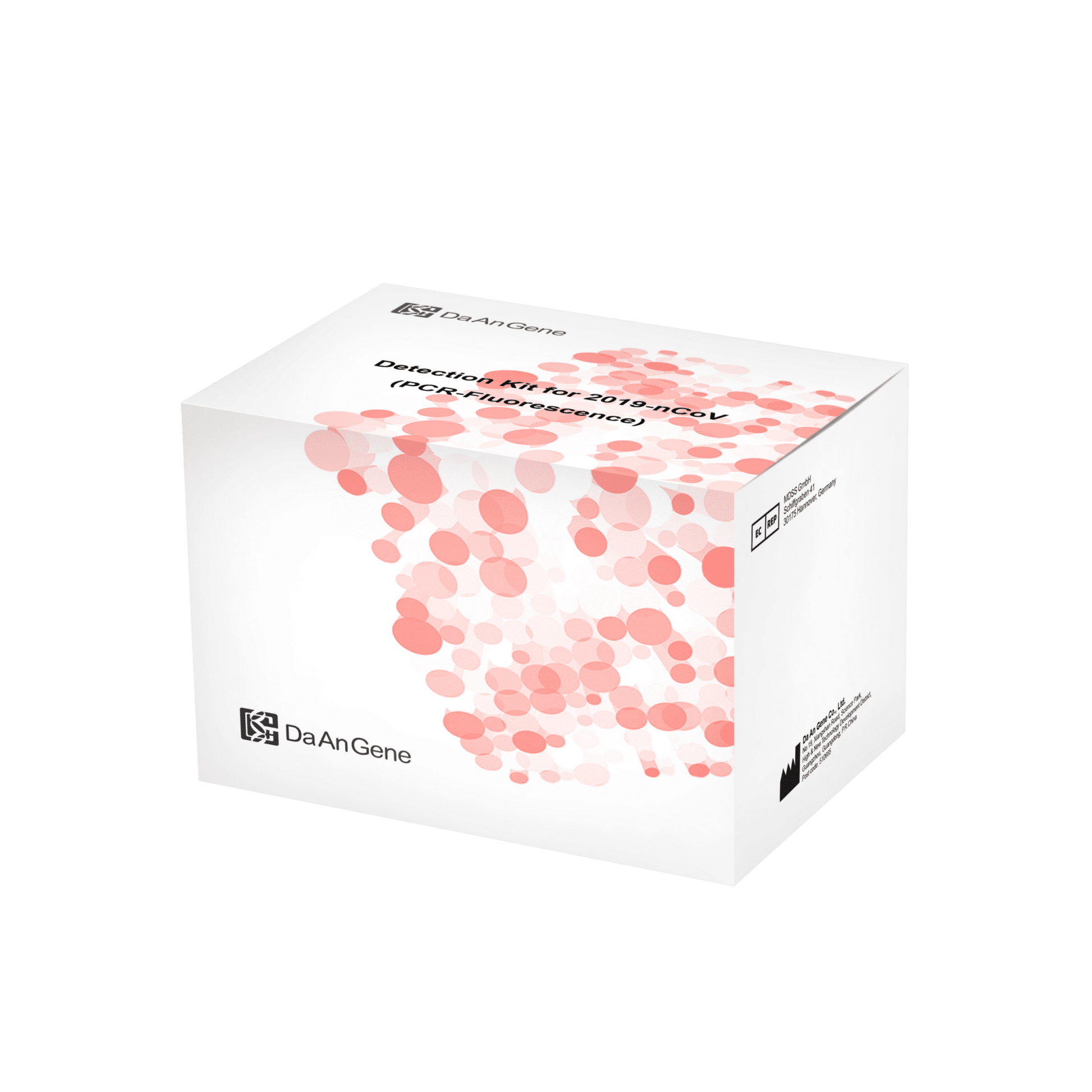 On a green background, there is a white packaging box for the "Detection Set (PCR-Fluorescence) DaAn Gene Diagnostics Kit for 2019-ncov" with 96 tests, adorned with the inscription "Altruan".