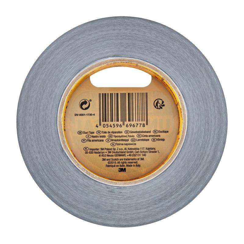 A roll of Scotch® Universal Tape 2904 (50 m x 48 mm) from 3M Deutschland GmbH, viewed from above, stands out for its gray color and a central label with barcode and product information in multiple languages.