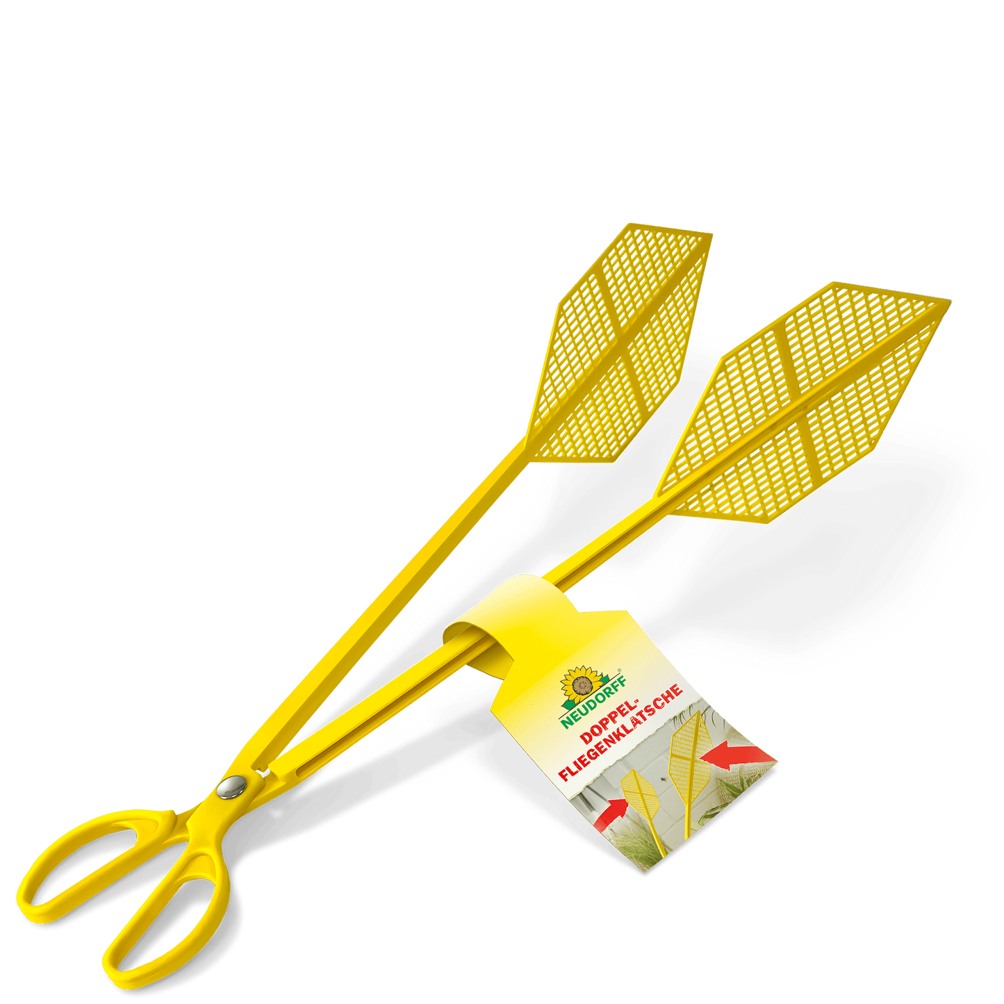 The Neudorff Shop double fly swatter is yellow with a scissor handle and two leaf-shaped net swatters. Ideal for catching flies without stains. A label with green and red text is attached to the handle.