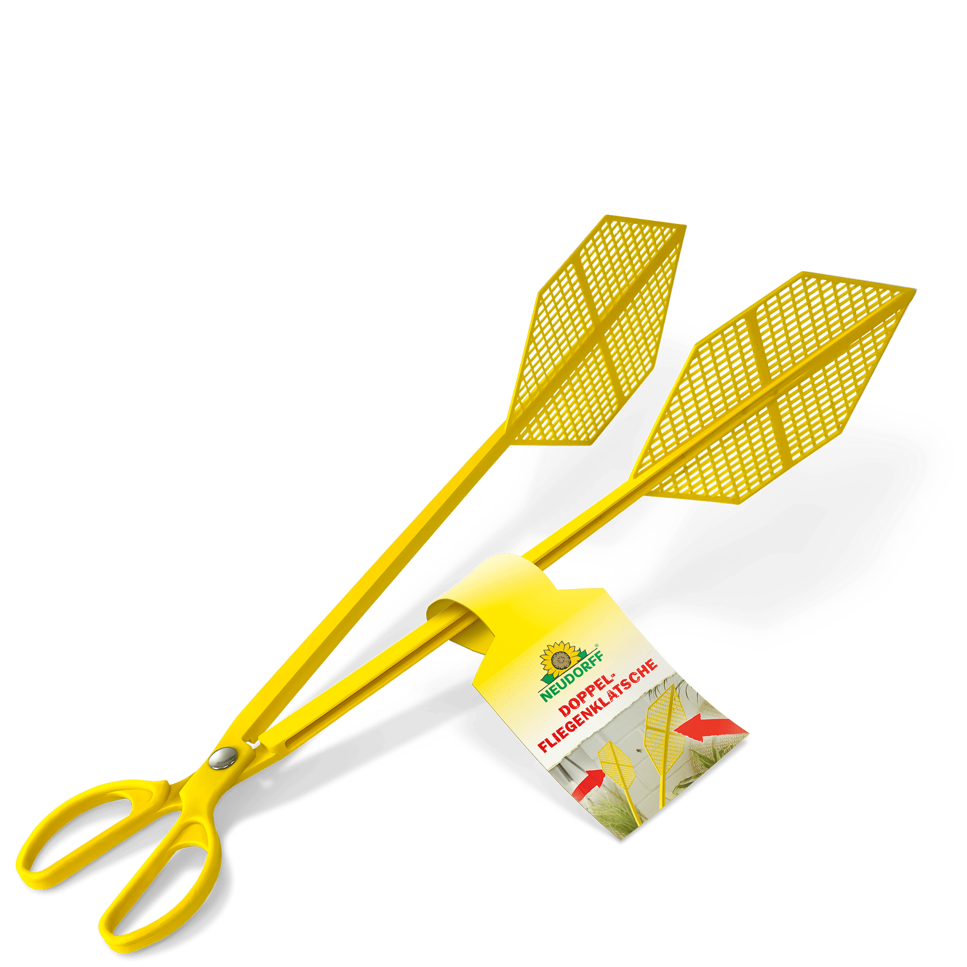 The Neudorff Shop double fly swatter is yellow with a scissor handle and two leaf-shaped net swatters. Ideal for catching flies without stains. A label with green and red text is attached to the handle.