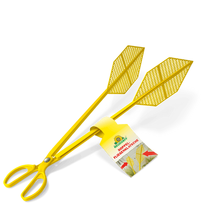 The Neudorff Shop double fly swatter is yellow with a scissor handle and two leaf-shaped net swatters. Ideal for catching flies without stains. A label with green and red text is attached to the handle.