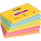 A stack of six 3M Post-it® Super Sticky Notes (76 mm x 127 mm, 90 sheets/block, 100% PEFC) in yellow, green, blue, purple, pink, and orange colors; the yellow cover sheet displays the logo and product details.