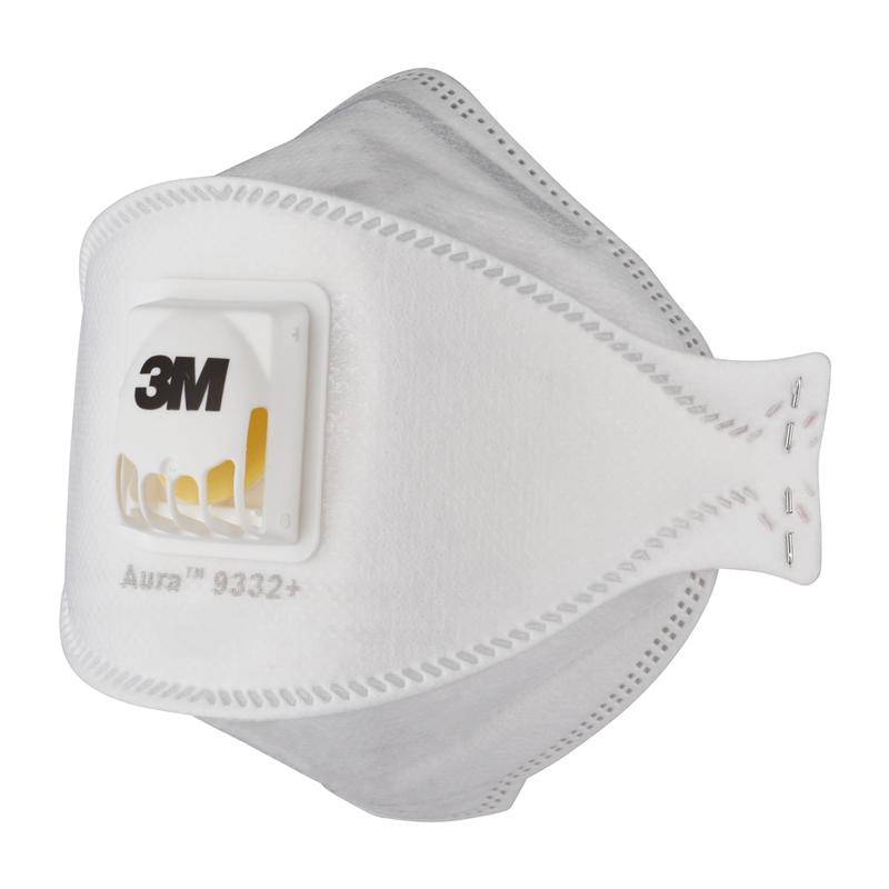 The 3M™ Aura™ Comfort Cool Flow™ Particulate Respirator 9332+, FFP3, with valve from 3M Deutschland GmbH is white with a yellow valve, features a multi-layer construction and visible seams, and is designed to fit securely over the nose and mouth.