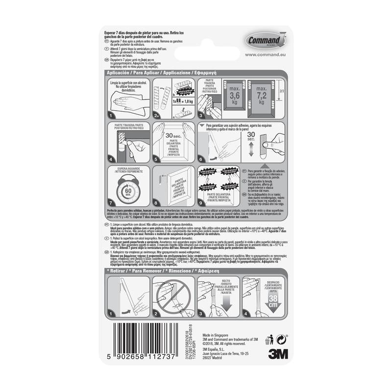 Back of the 3M Deutschland GmbH Large Command™ Picture Hanging Strips L, 6 sets, shows application/removal steps in English, Spanish, and French with diagrams, weight limits, manufacturer information, and barcode at the bottom.