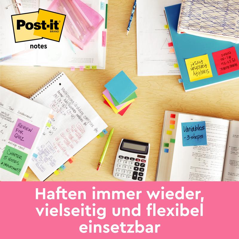 A desk with open notebooks, loose papers, a calculator, pens, and 3M Deutschland GmbH Post-it® Notes cubes (76 mm x 76 mm, 450 sheets/block, 100% PEFC) scattered around. The text at the bottom reads: "Sticks again and again, versatile and flexible to use."